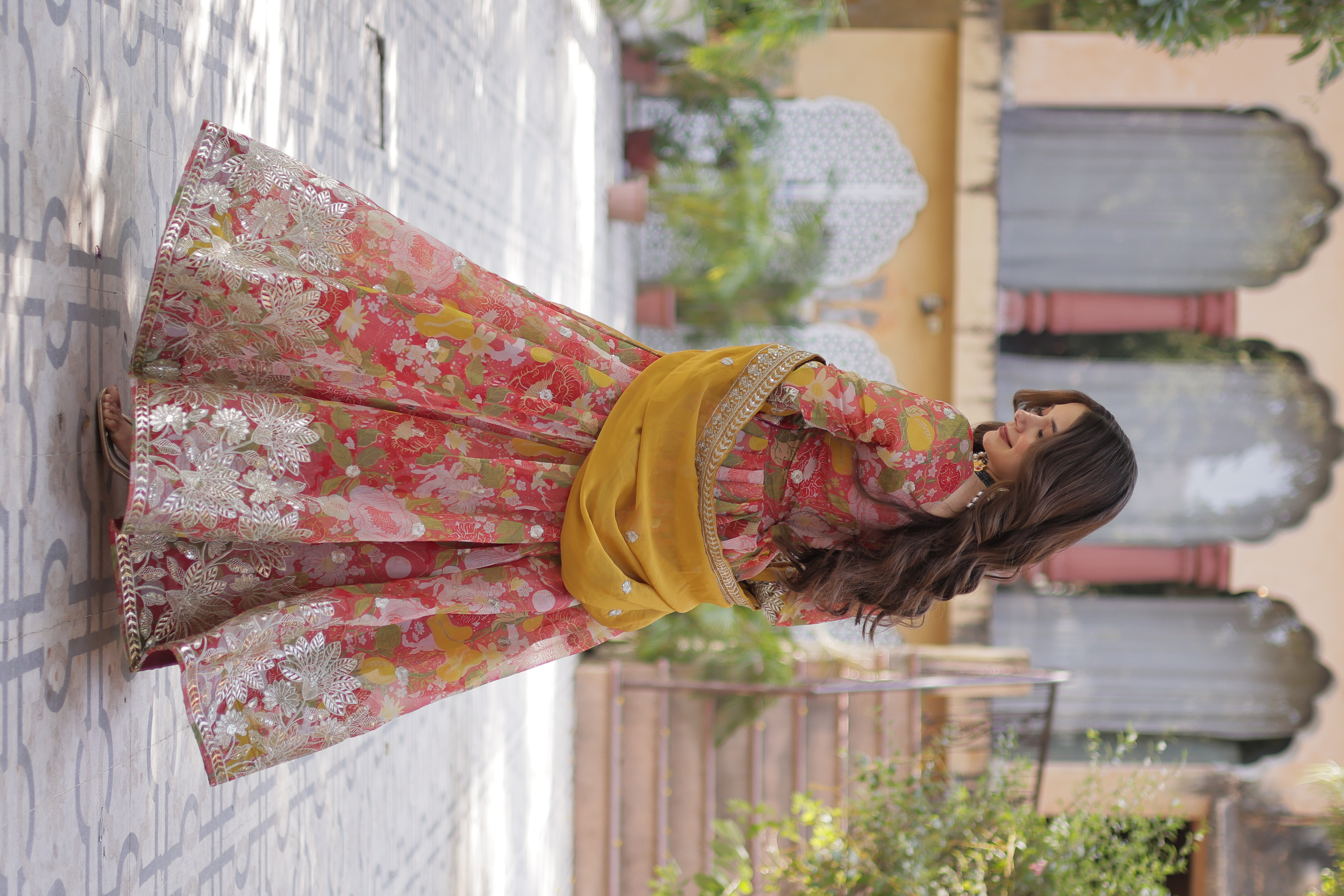 Red Russian Silk Long Top with Mustard Dupatta
