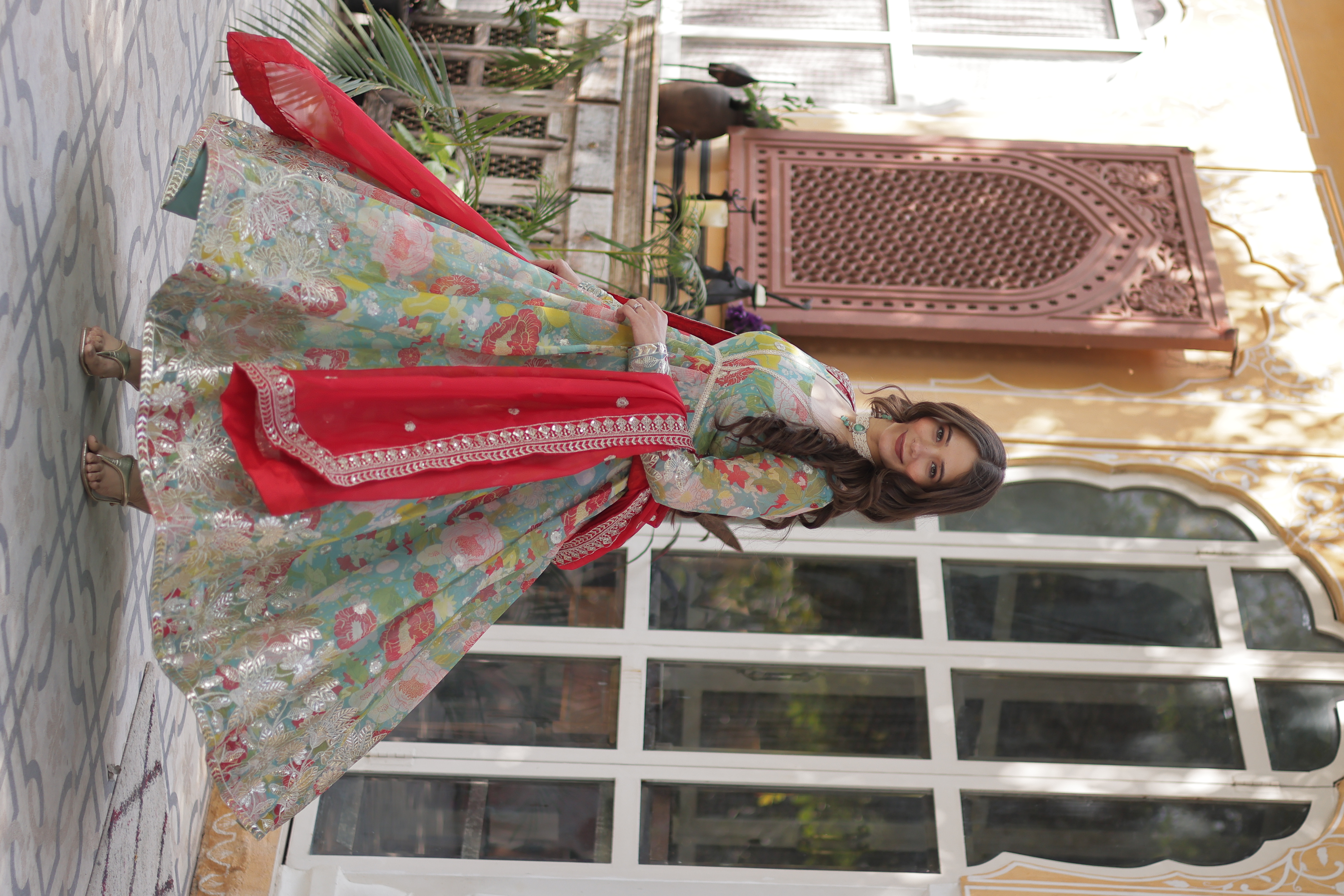 Sky Blue Russian Silk Long Gown Top with Red Dupatta