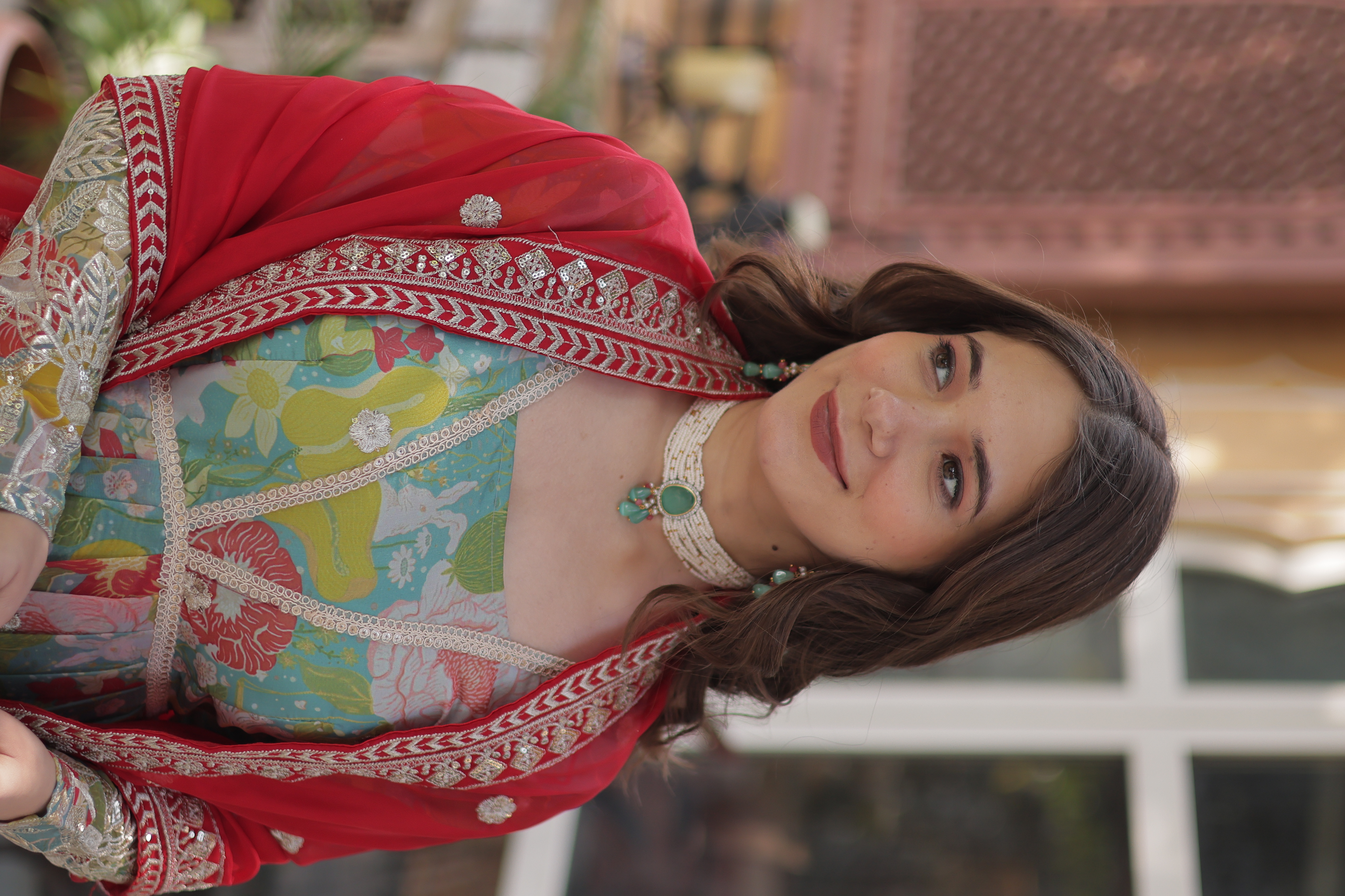 Sky Blue Russian Silk Long Gown Top with Red Dupatta