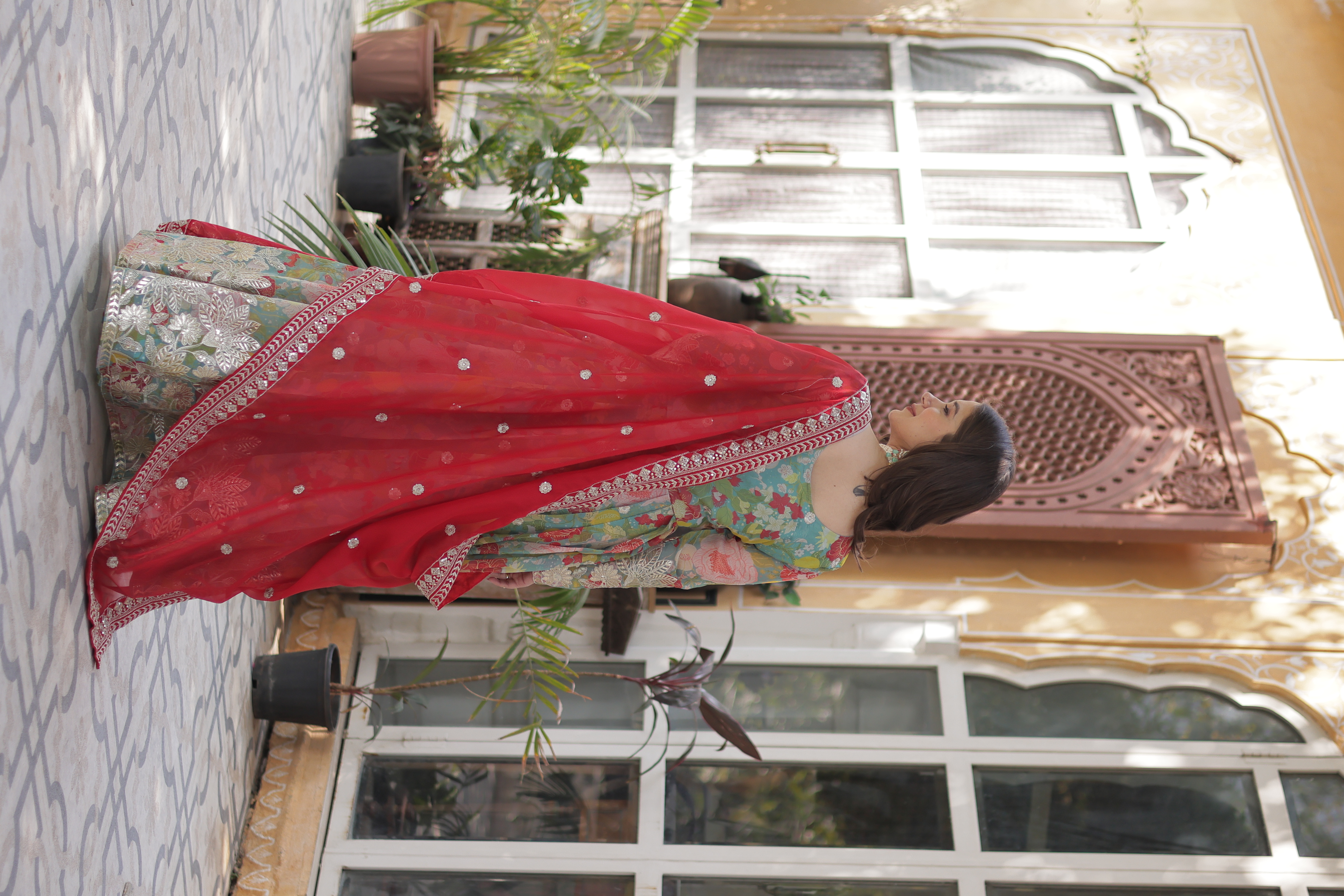 Sky Blue Russian Silk Long Gown Top with Red Dupatta