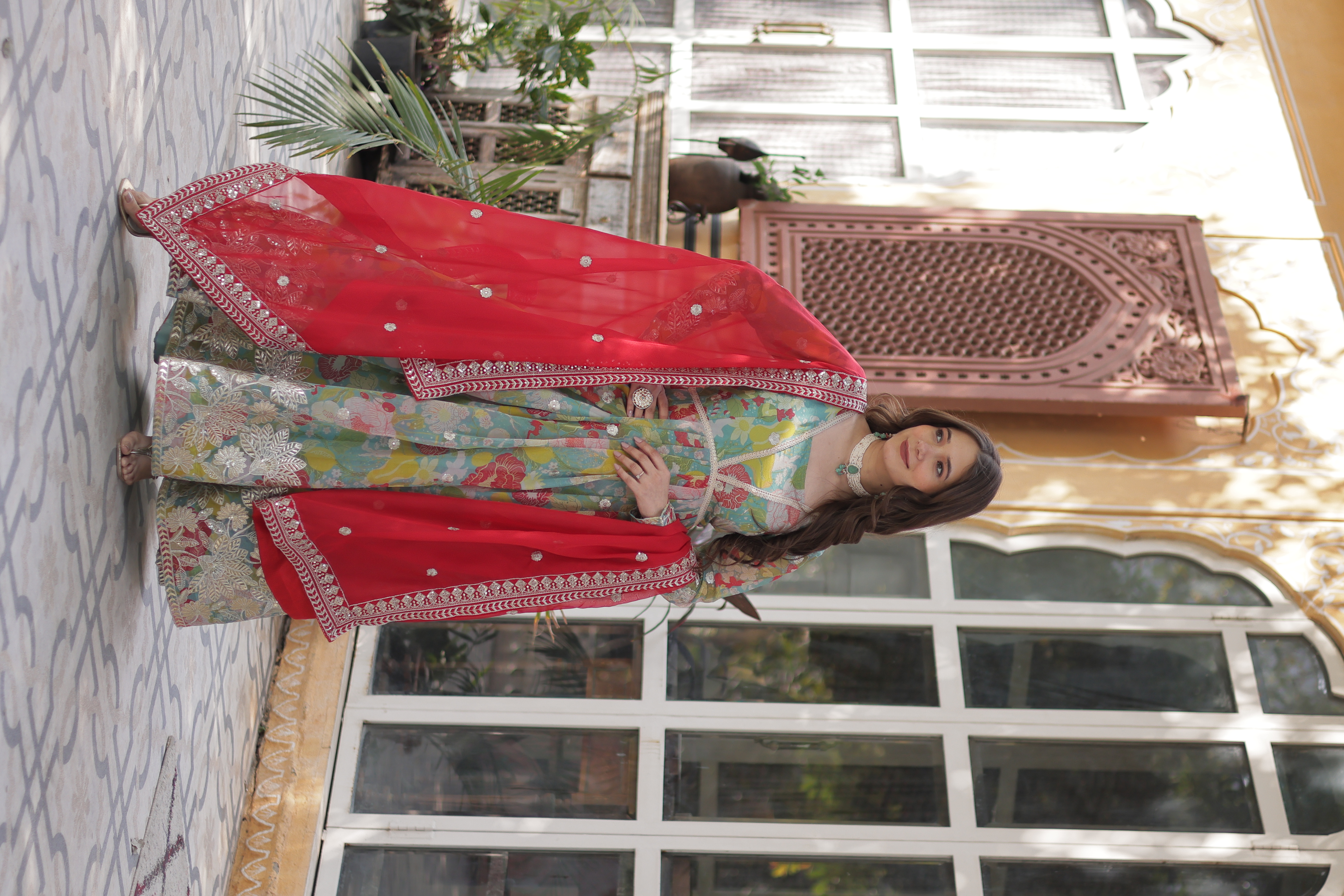 Sky Blue Russian Silk Long Gown Top with Red Dupatta