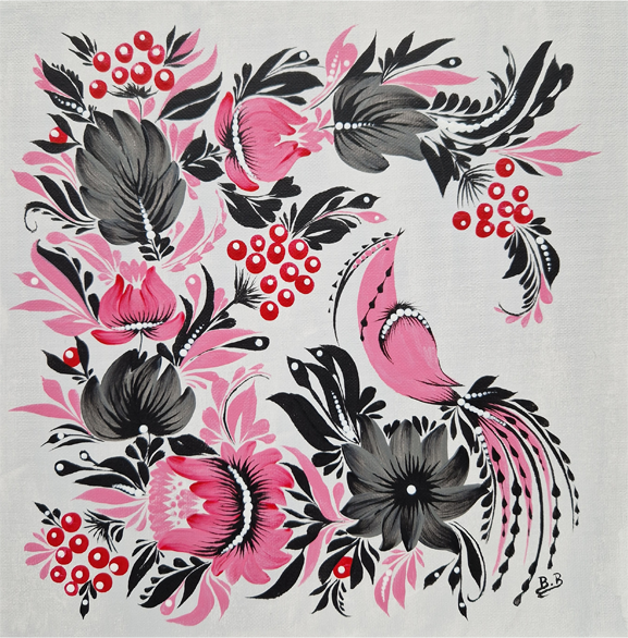 Petrykivka en rose et gris