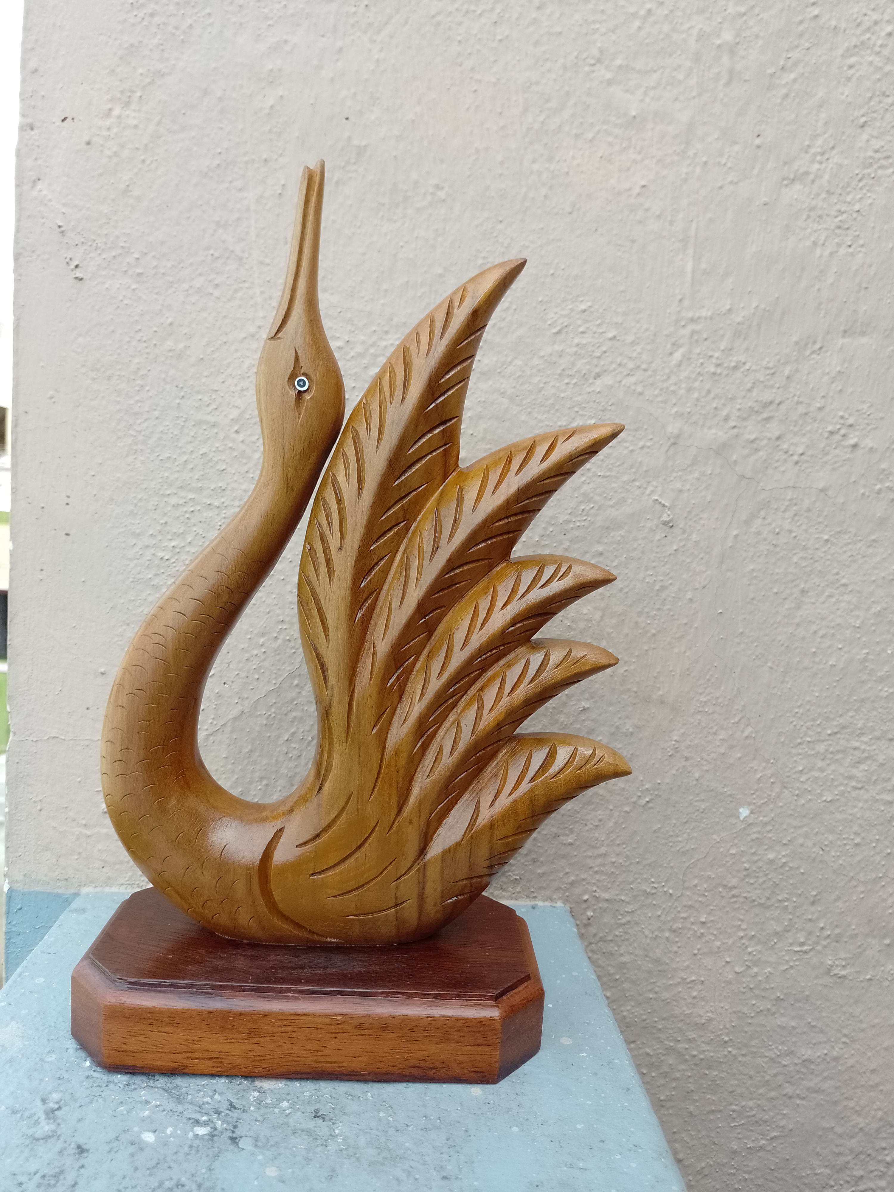 Swan Sculpture: Hand-Carved Teak wooden Sculpture with solid wood base 