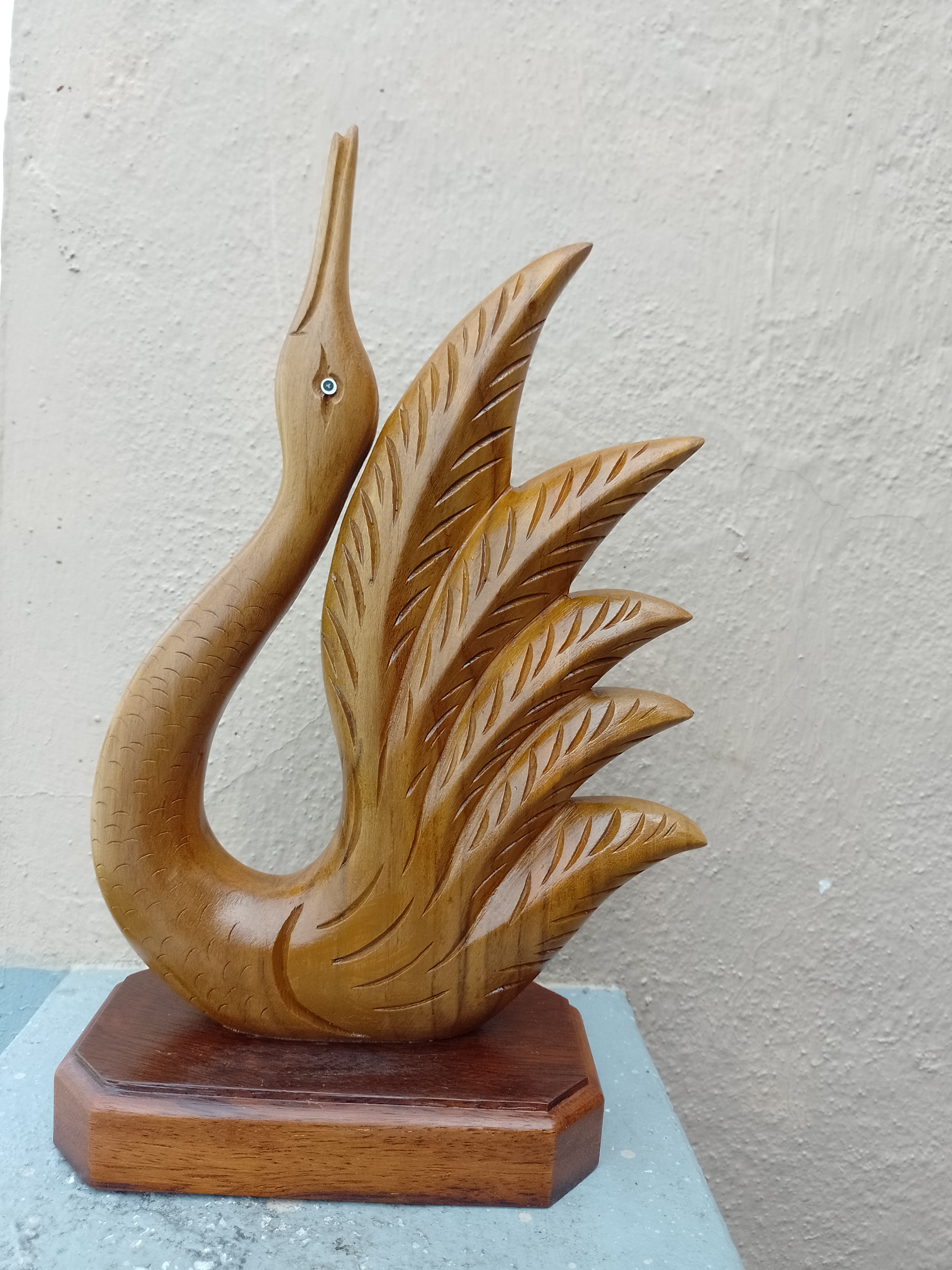 Swan Sculpture: Hand-Carved Teak wooden Sculpture with solid wood base 