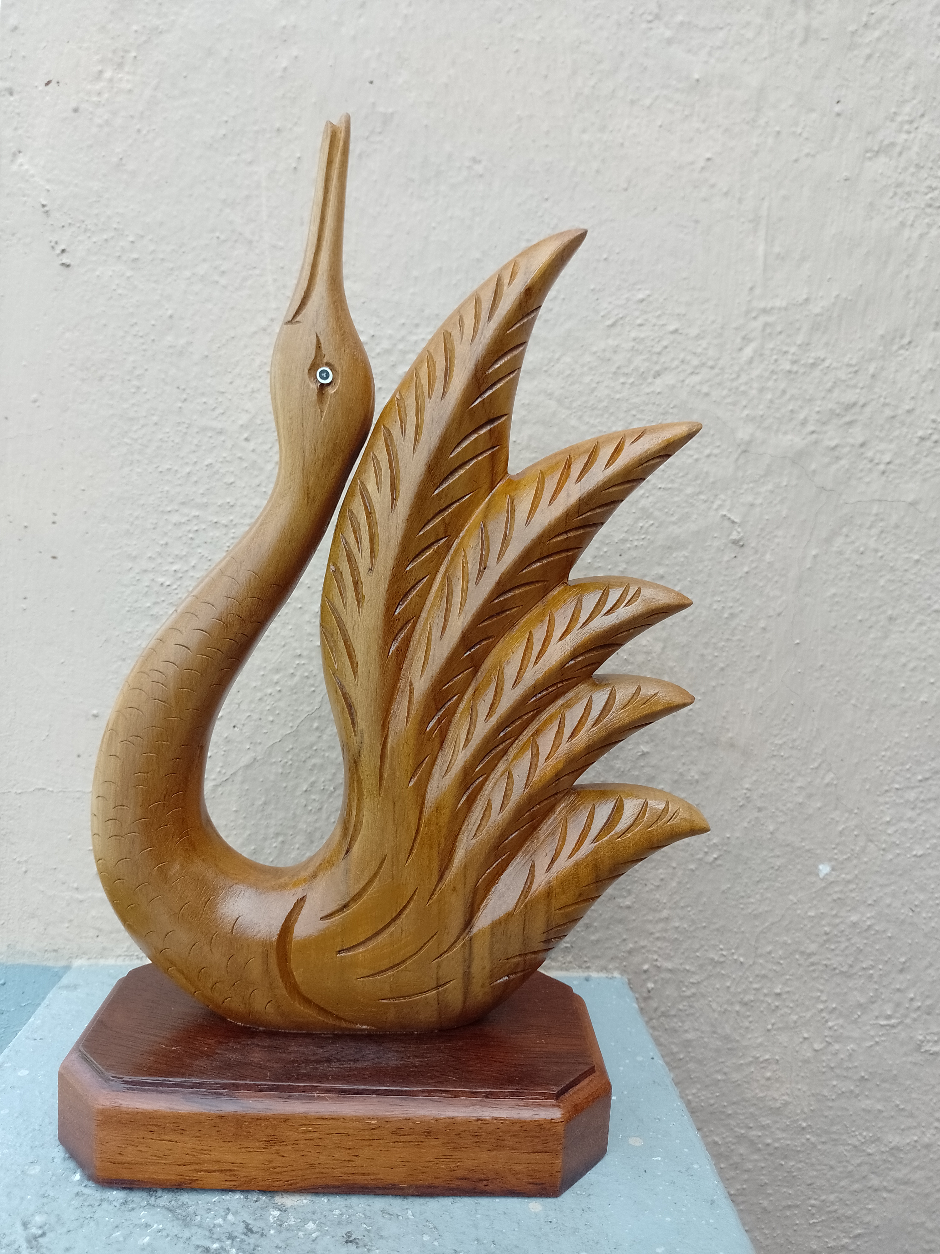 Swan Sculpture: Hand-Carved Teak wooden Sculpture with solid wood base 