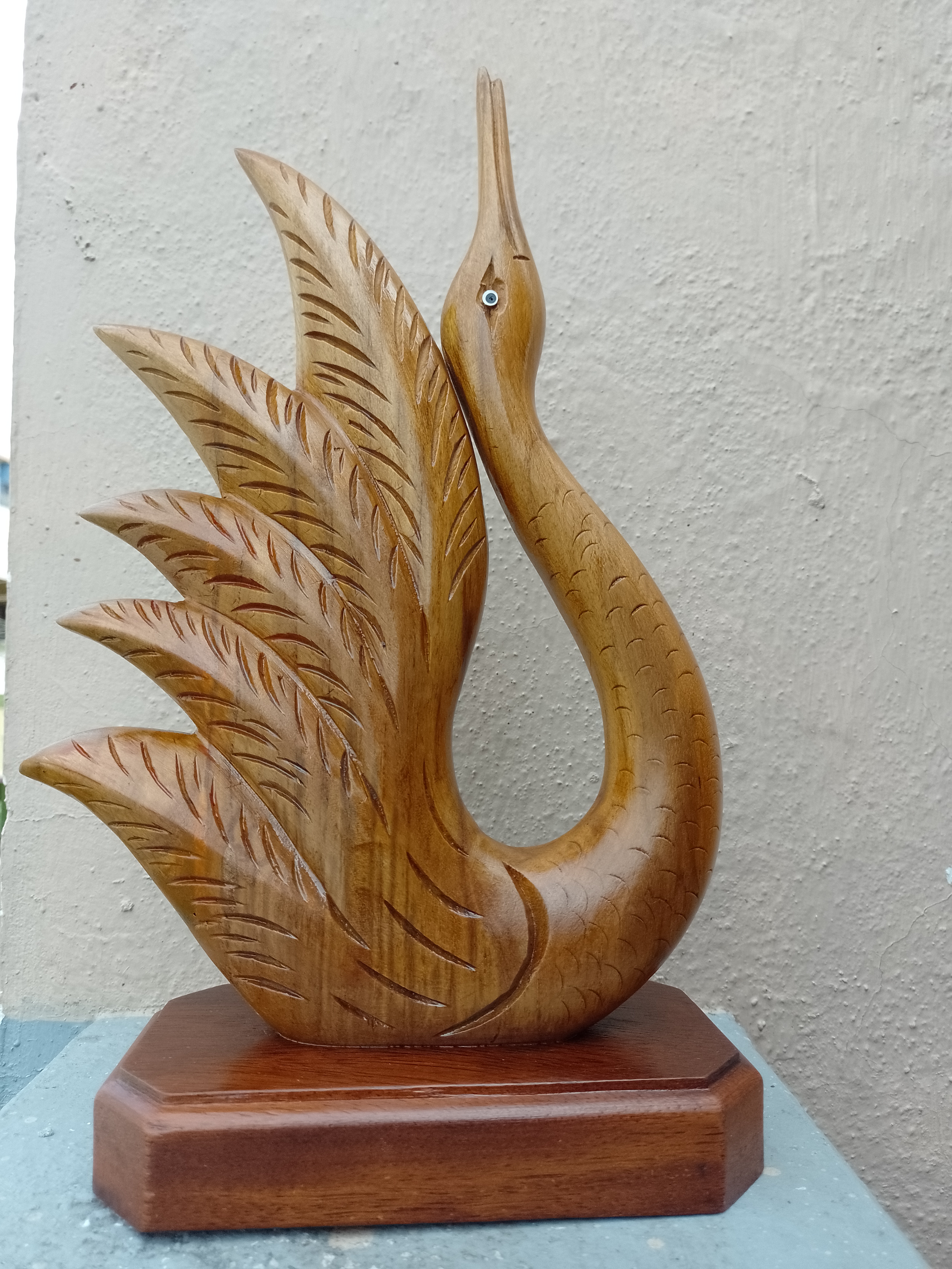 Swan Sculpture: Hand-Carved Teak wooden Sculpture with solid wood base 