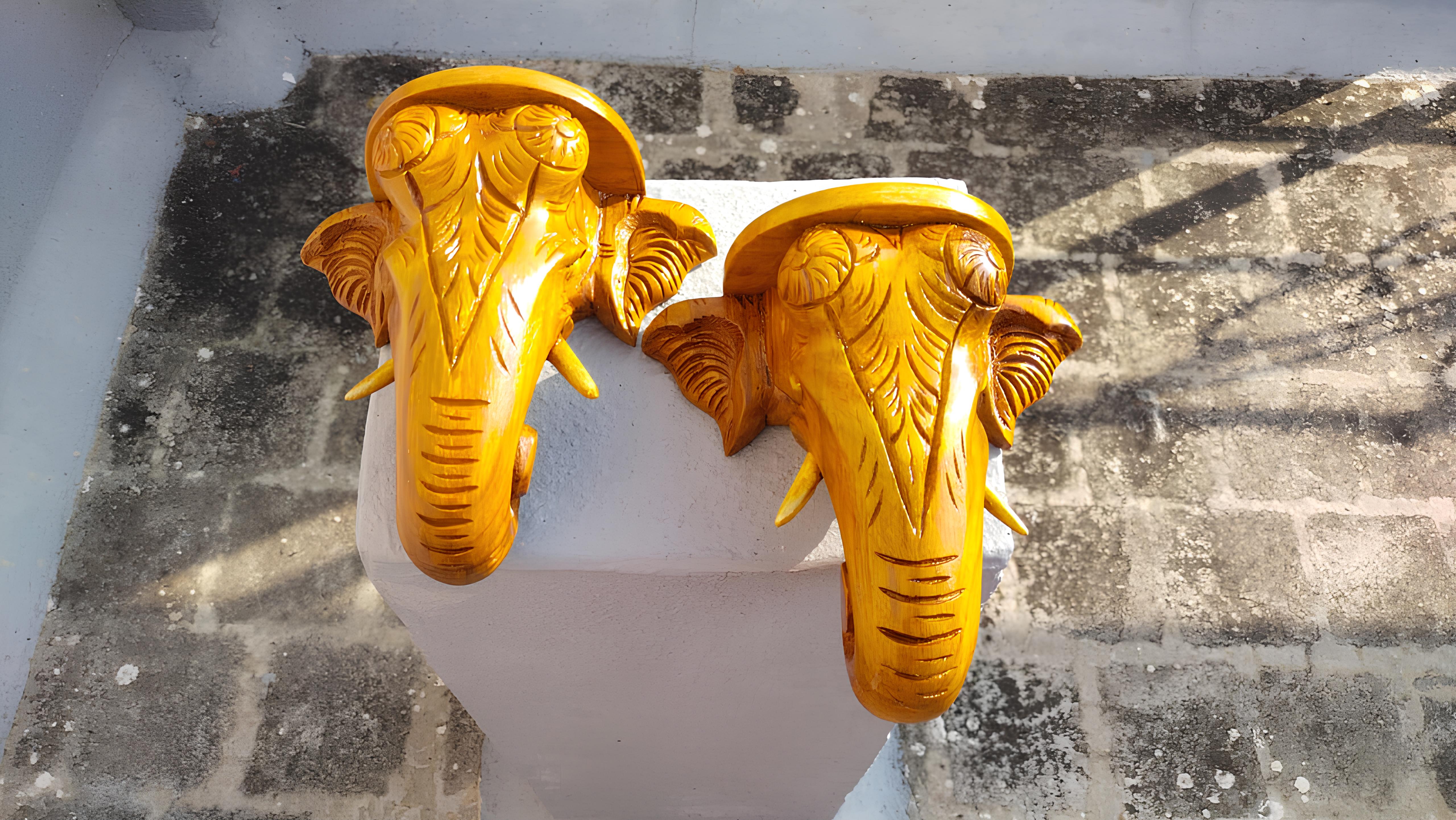 Teak Handcrafted Elephant Head Wall Décor two pieces 