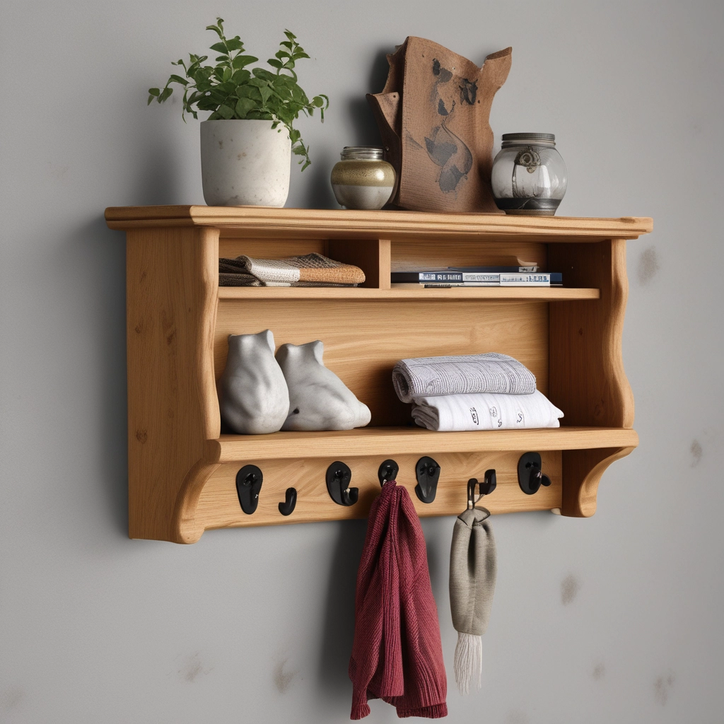 Wooden Wall Shelf with Hooks (2 Feet long) 