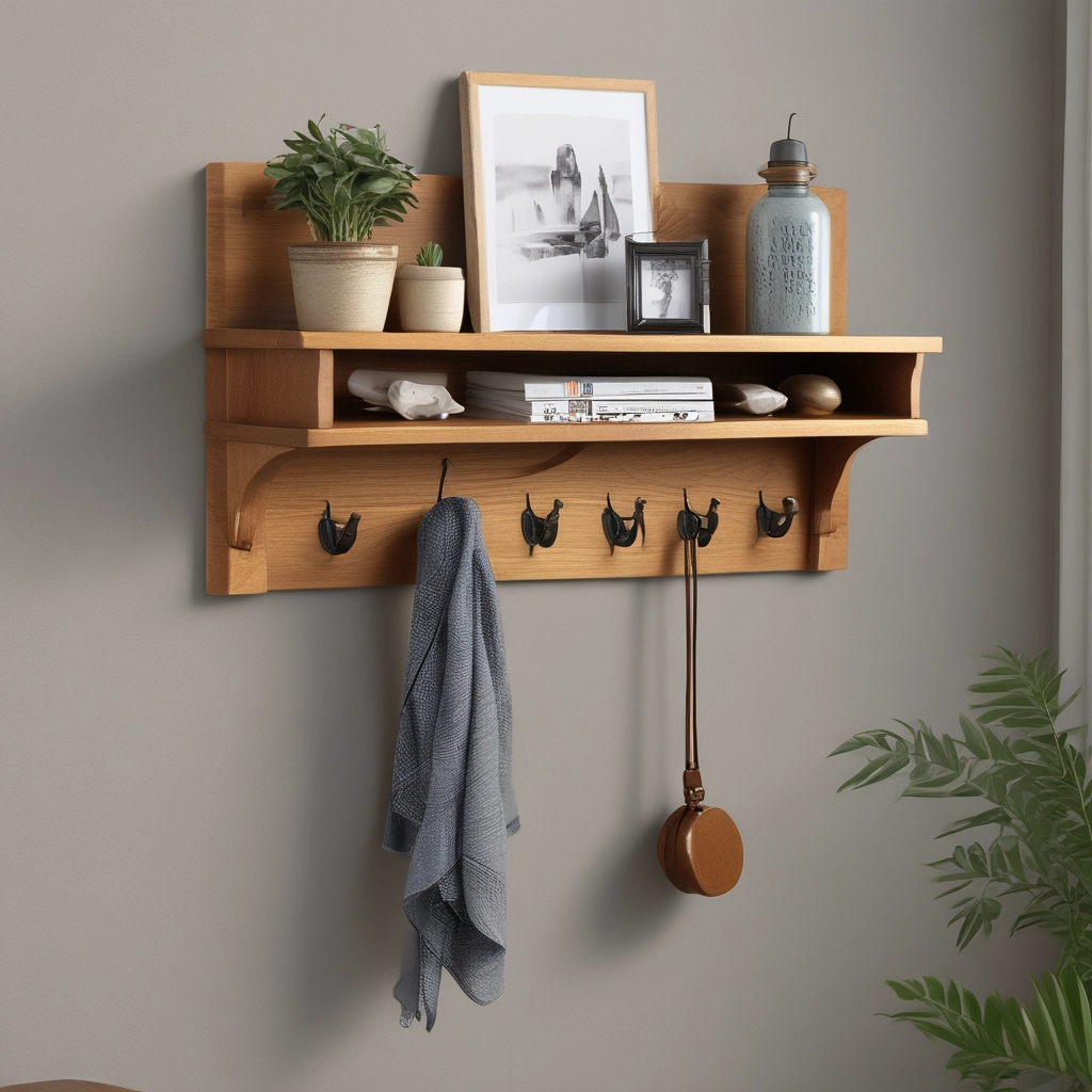 Wooden Wall Shelf with Hooks (2 Feet Long)