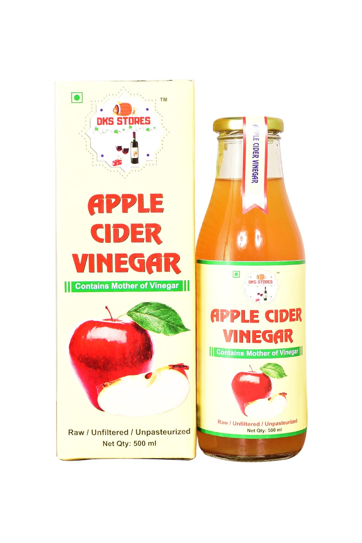 DKS STORES® Apple Cider Vinegar with Mother Raw Unfiltered Unpasteurized 500 ML in Glass Bottle