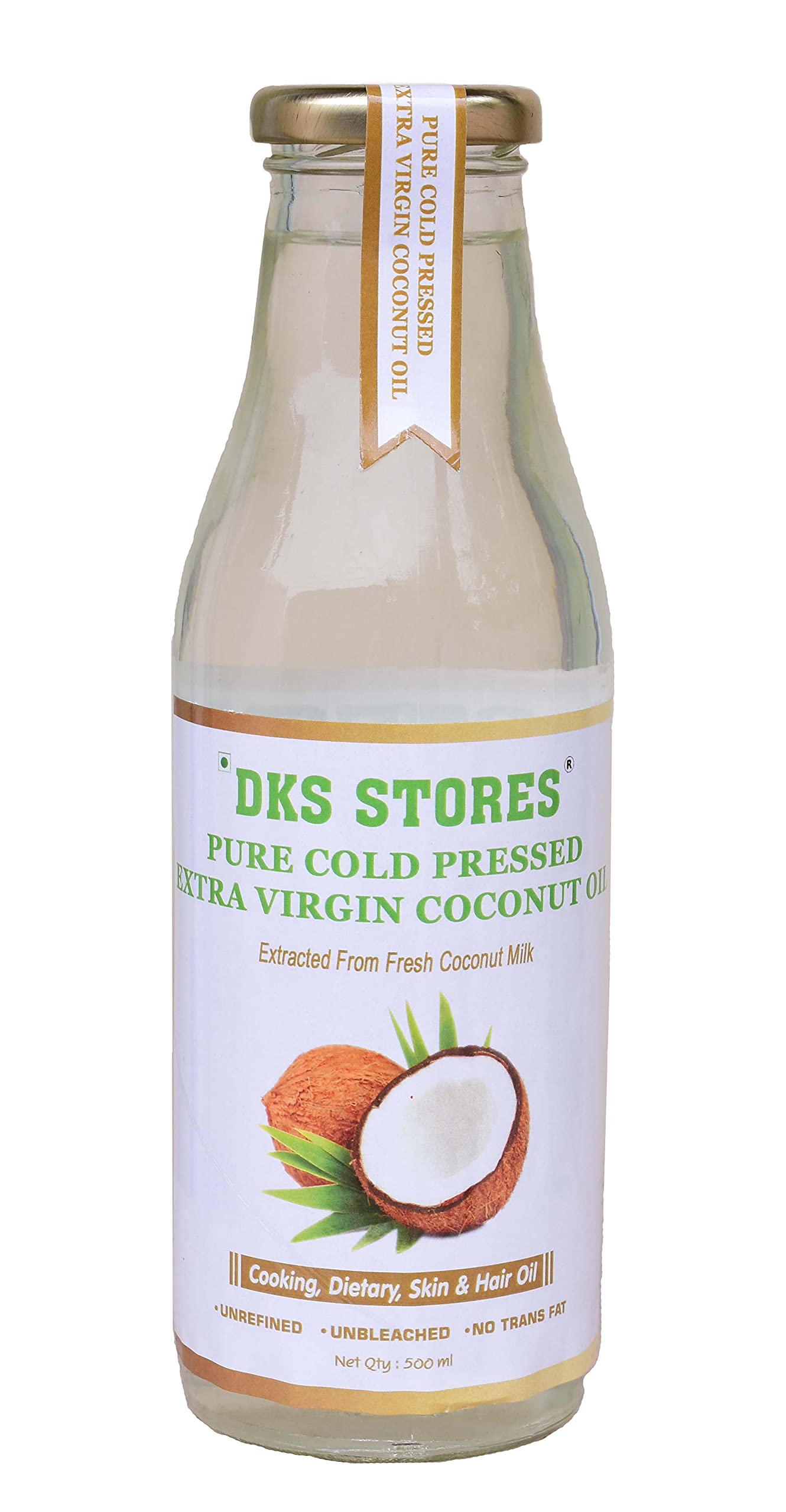 Cold Pressed Extra Virgin Coconut Oil - Pure & Natural Enriching & Nourishing Oil with Glass Bottle 500 ML