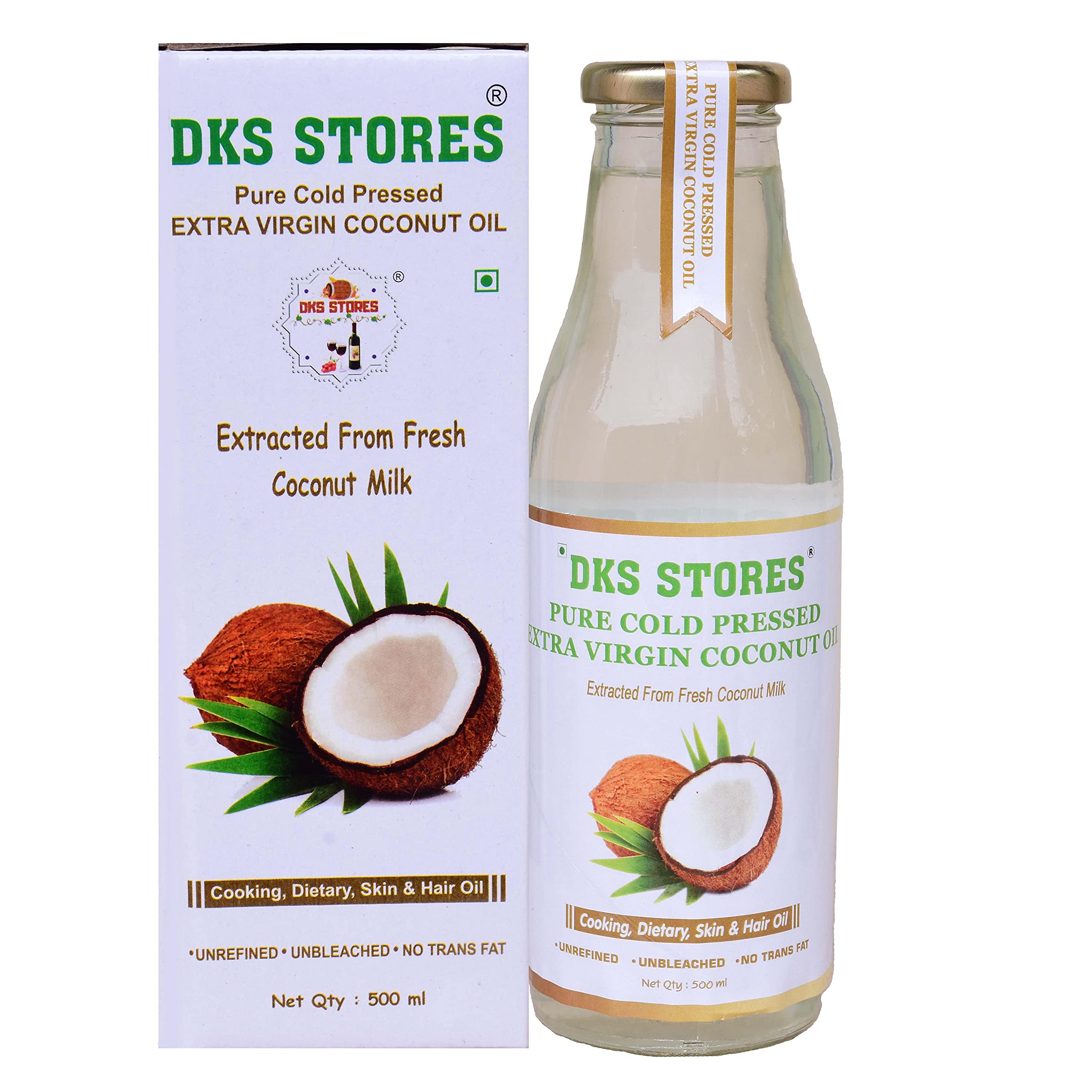 Cold Pressed Extra Virgin Coconut Oil - Pure & Natural Enriching & Nourishing Oil with Glass Bottle 500 ML