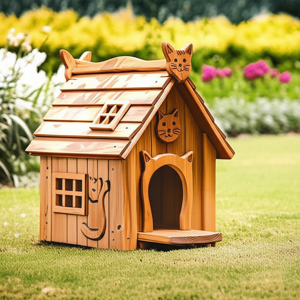 Wooden Crafted Cat House 