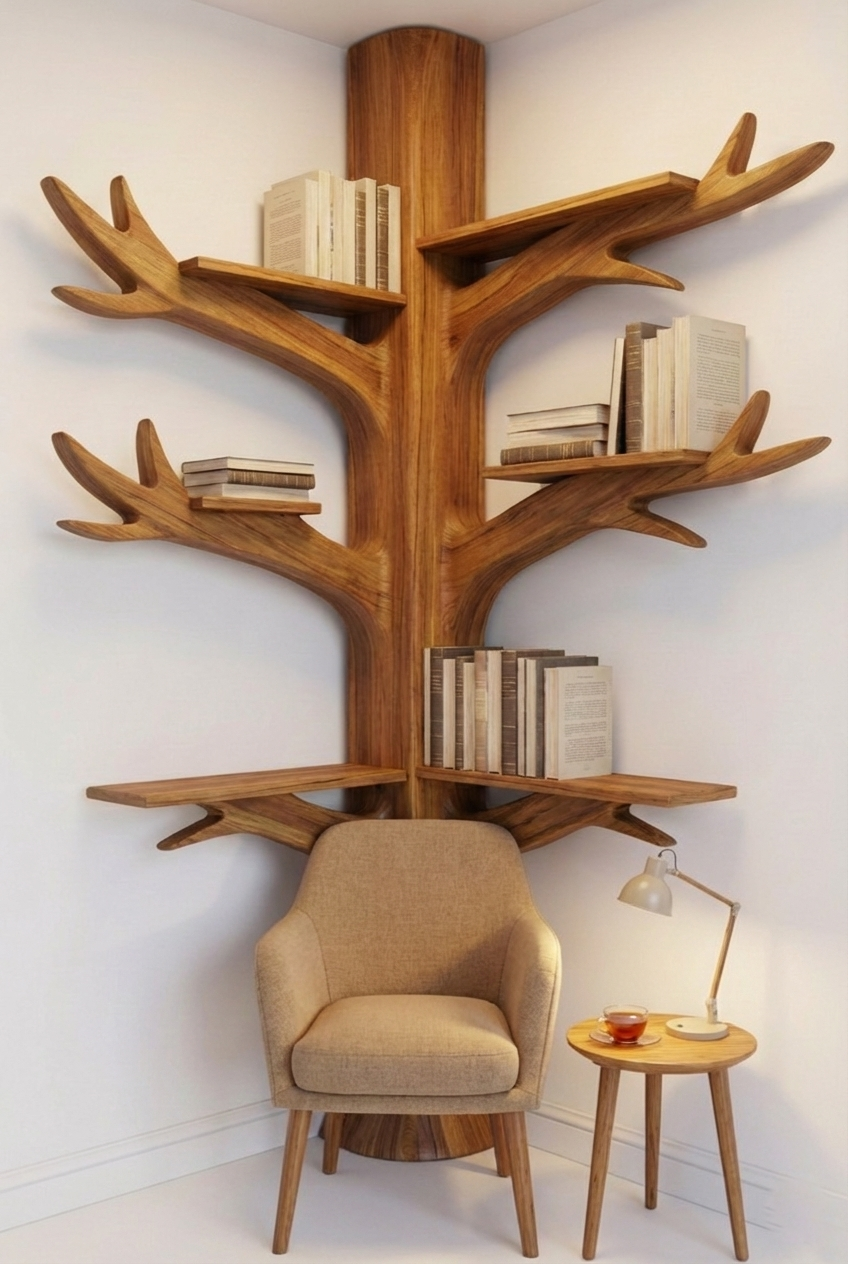Corner Tree Branch Corner Bookshelf- Complete Teak wood 6.5 feet Height 