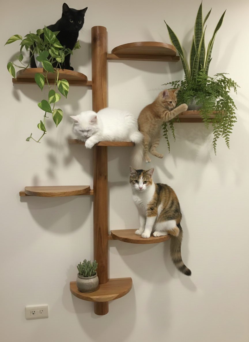 Teak Wooden Wall-Mounted Cat Tree