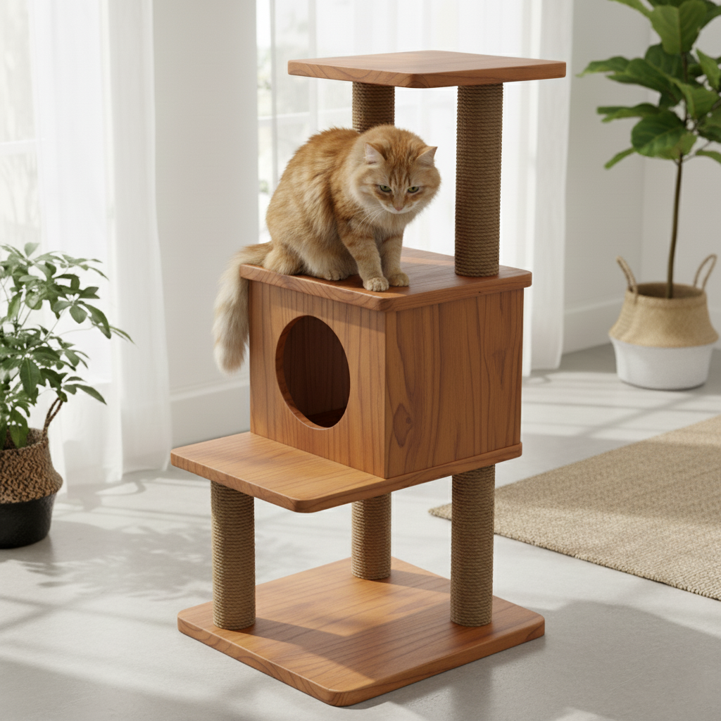 Wooden Cat Tree with Cozy Hideaway
