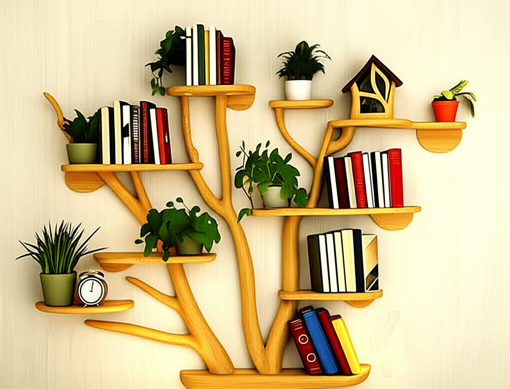Teak wood Tree Branch Wall Bookshelf 
