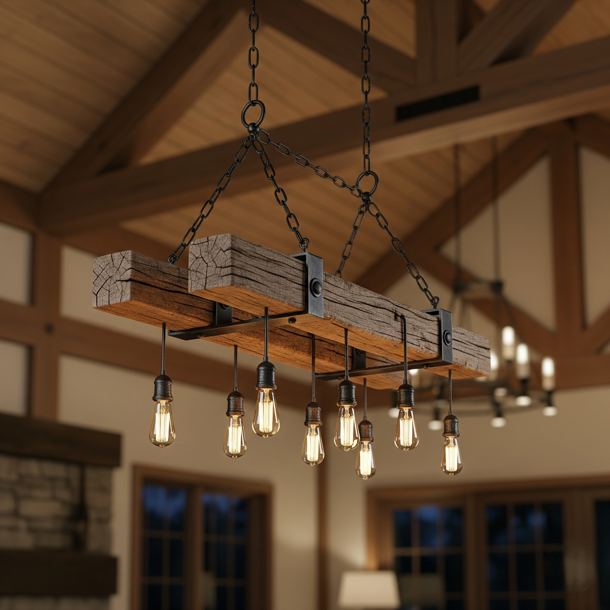 Rustic Wood Double  Beam Chandelier Light 
