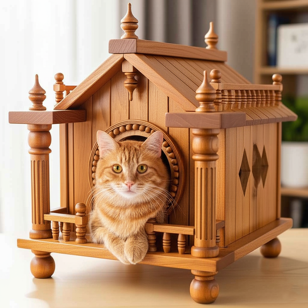 Handcrafted Teak Wooden Cat House-Custom order available in variable sizes -Price may vary for different sizes 