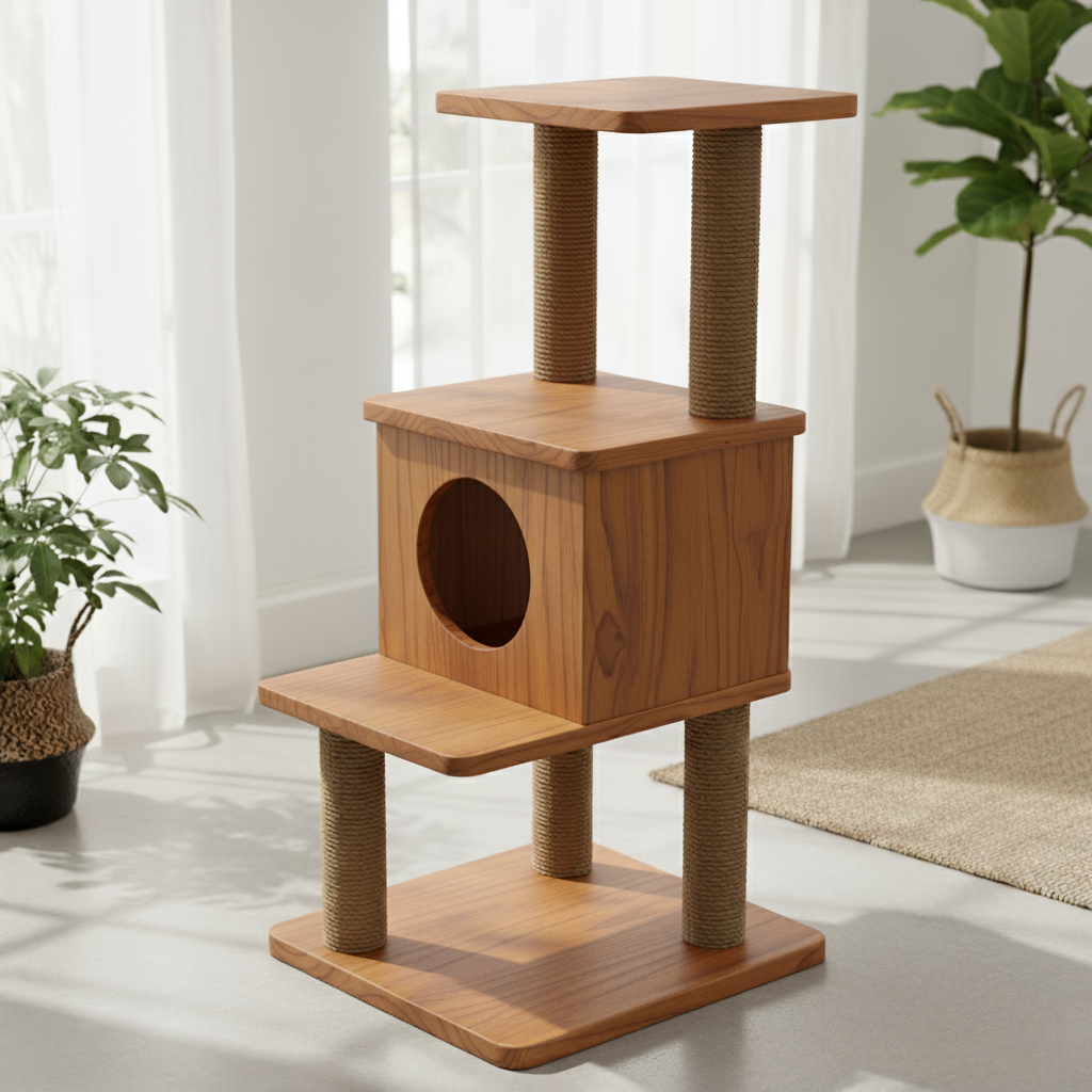 Wooden Cat Tree with Cozy Hideaway