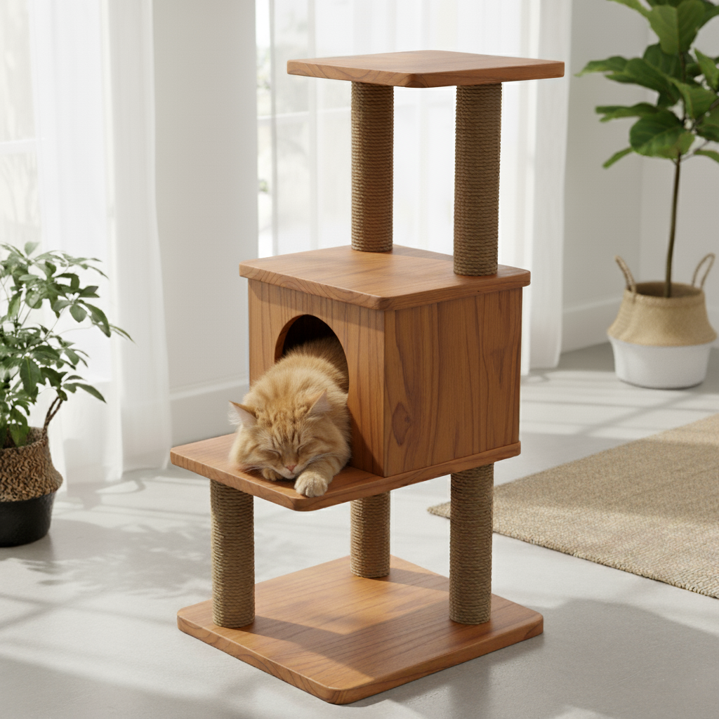 Wooden Cat Tree with Cozy Hideaway