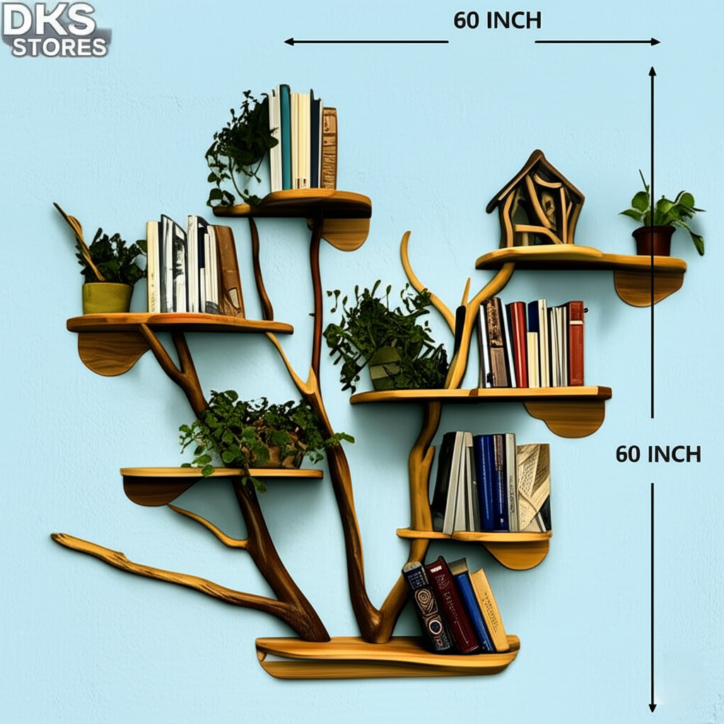 Teak wood Tree Branch Wall Bookshelf 