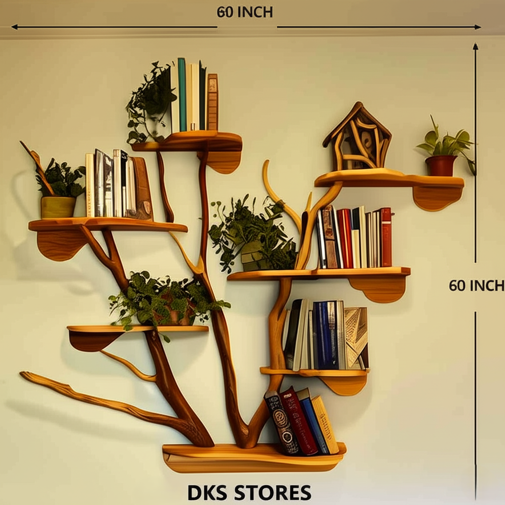 Teak wood Tree Branch Wall Bookshelf 