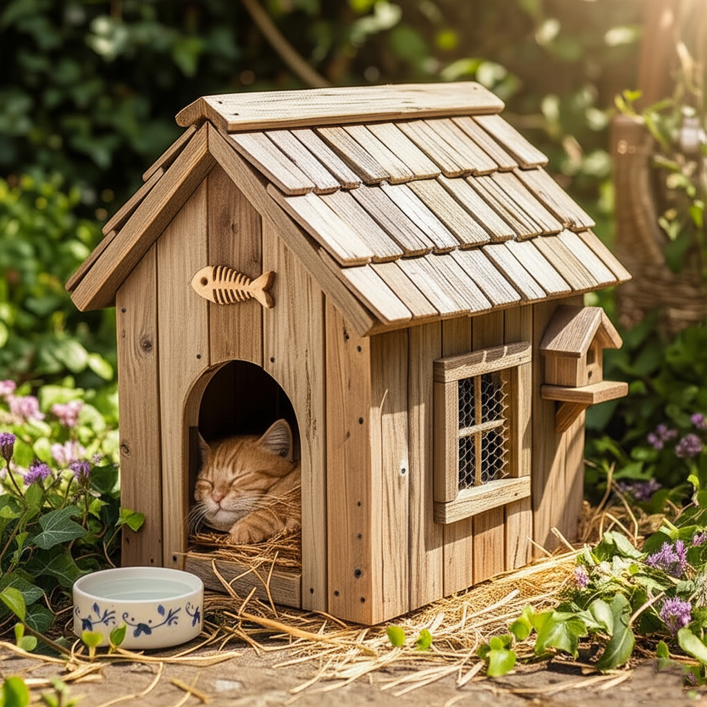 Rustic Wooden Cat House 