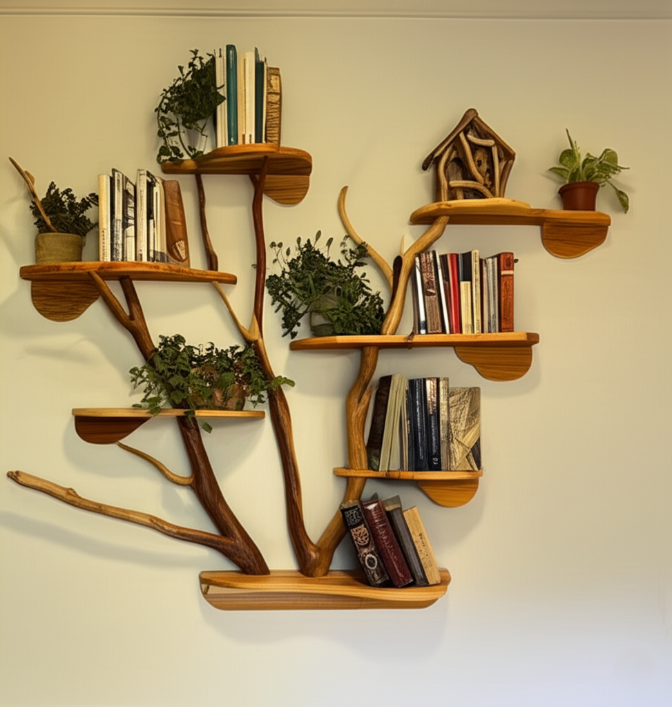 Teak wood Tree Branch Wall Bookshelf 