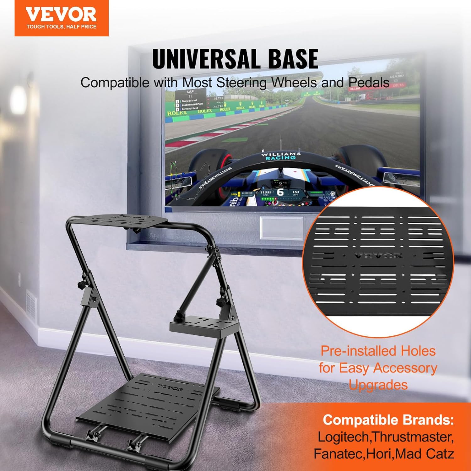 VEVOR Foldable Racing Steering Wheel Stand, Height Adjustable Universal Base Compatible with Logitech & Thrustmaster Racing Wheel and Pedal