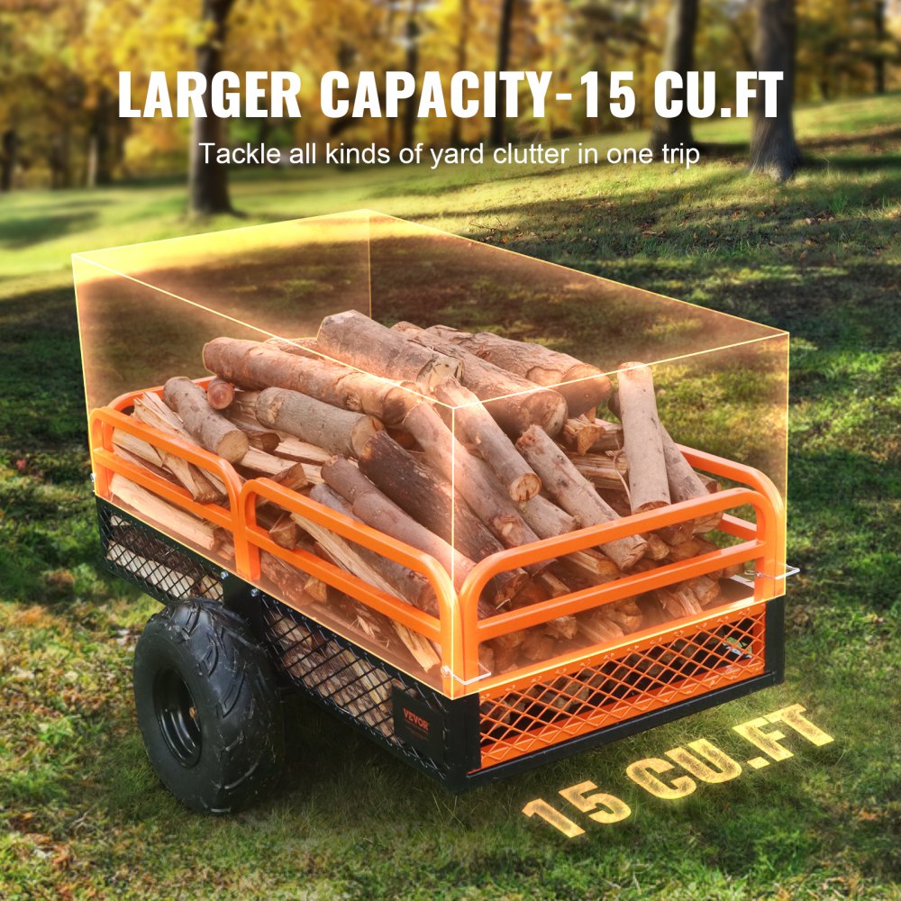 VEVOR Heavy Duty Steel ATV Dump Trailer, 1500-Pound Load Capacity 15 Cubic Feet, Tow Behind Dump Cart Garden Trailer