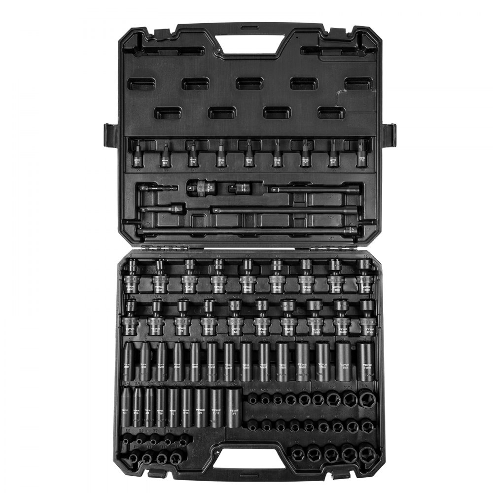 VEVOR 3/8" Drive Impact Socket Set, SAE 1/4"-3/4" and Metric 6-19mm 90 Pieces