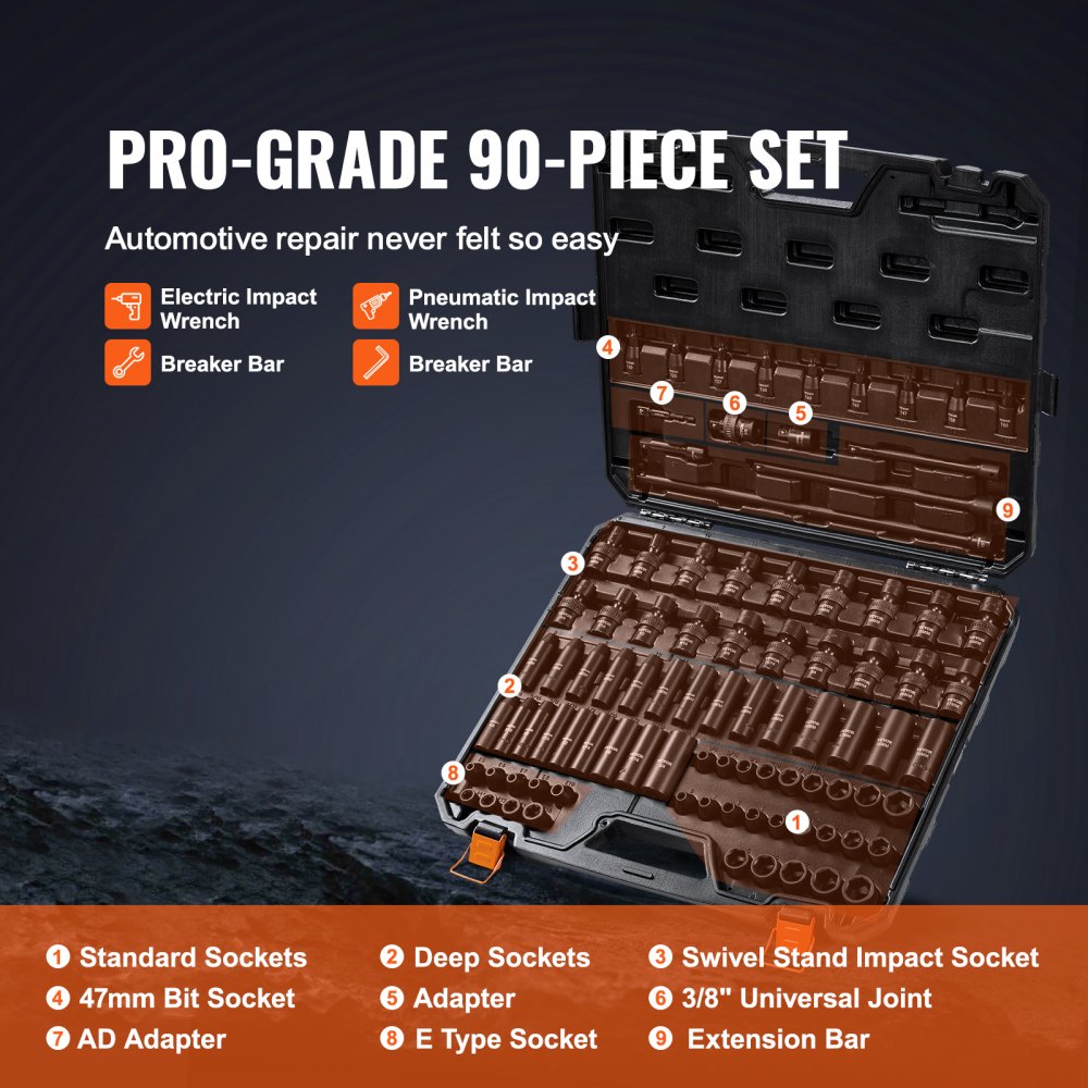VEVOR 3/8" Drive Impact Socket Set, SAE 1/4"-3/4" and Metric 6-19mm 90 Pieces