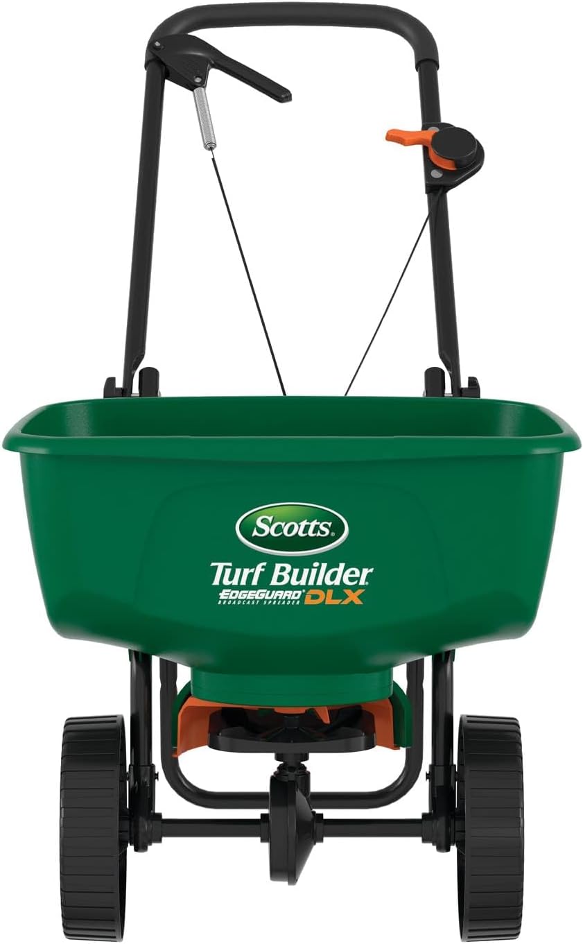Scotts Turf Builder EdgeGuard DLX Push Broadcast Spreader Holds up to 15,000 sq.ft. for Seed, Fertilizer, Salt, Ice Melt