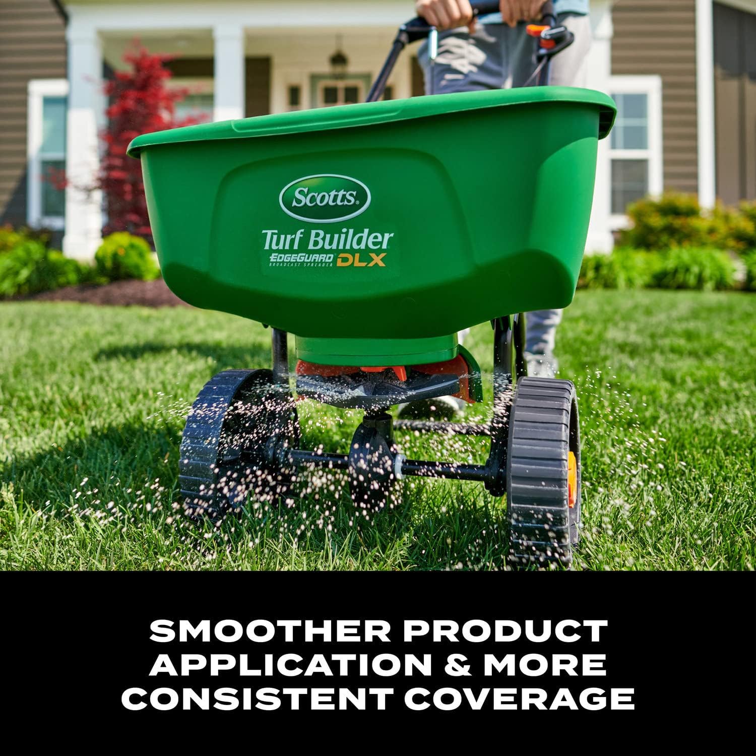 Scotts Turf Builder EdgeGuard DLX Push Broadcast Spreader Holds up to 15,000 sq.ft. for Seed, Fertilizer, Salt, Ice Melt