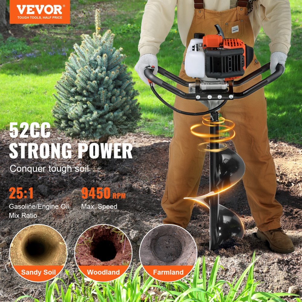 VEVOR Post Hole Digger, 52cc 1450W Auger Post Hole digger, Gas Powered Earth Digger with Two Earth Auger Drill Bit 6" & 10" and 3 Extension Rods, for Farmland, Garden and Plant