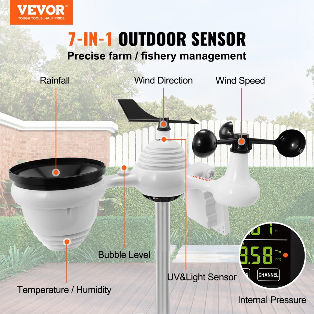 VEVOR 7-in-1 Wi-Fi Weather Station, 7.5 in Color Display, Home Weather Station Indoor Outdoor, with Solar Wireless Outdoor Sensor Alarm Alerts, for Temperature Humidity Wind Speed/Direction Rain
