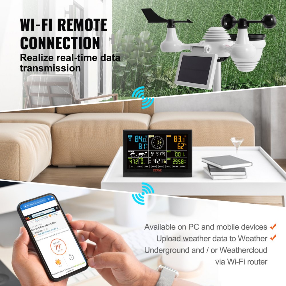 VEVOR 7-in-1 Wi-Fi Weather Station, 7.5 in Color Display, Home Weather Station Indoor Outdoor, with Solar Wireless Outdoor Sensor Alarm Alerts, for Temperature Humidity Wind Speed/Direction Rain