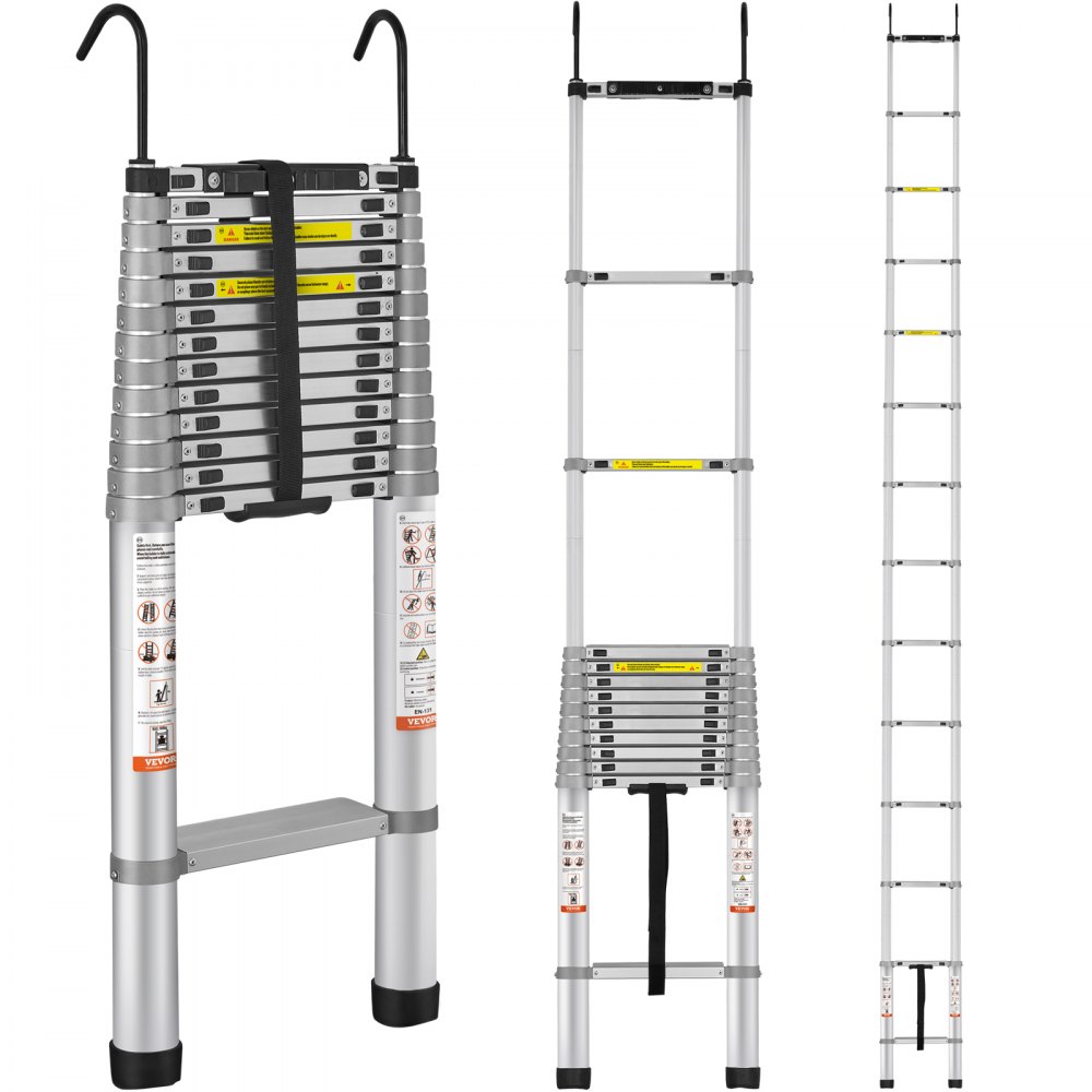 VEVOR Telescoping Ladder, 18.5 FT Aluminum One-button Retraction Collapsible Extension Ladder, 400 LBS Capacity with Non-slip Feet, Portable Multi-purpose Compact Ladder for Home, RV, Loft