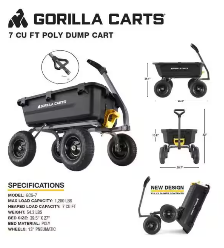 7 cu. ft. (40 in. x 27 in. x 11 in.), Patented Poly Bed Dumping Garden Cart, 1200 lbs. Capacity, Pull/Tow Handle Design