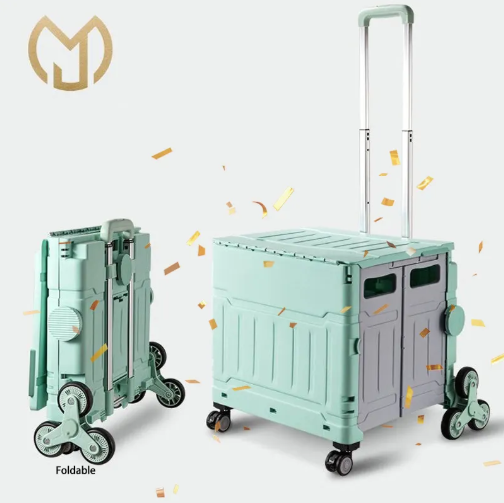 Folding Utility Cart Portable Rolling Crate Handcart Shopping Trolley Collapsible Toolbox with Lid, Basket on 4 Rotate Wheels, for Grocery, Office, Luggage, Outdoor