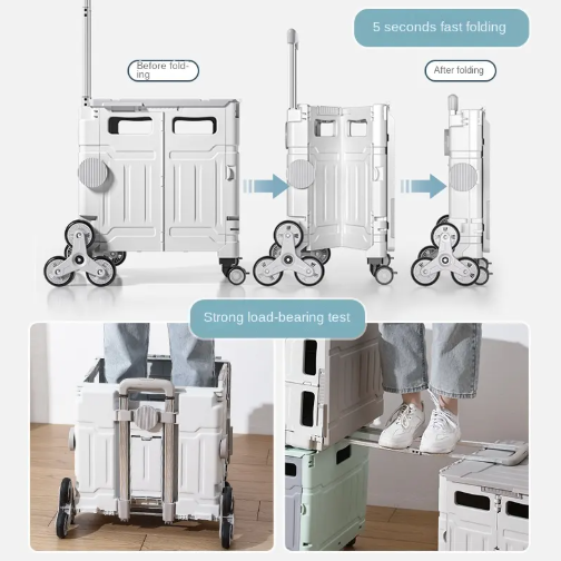 Folding Utility Cart Portable Rolling Crate Handcart Shopping Trolley Collapsible Toolbox with Lid, Basket on 4 Rotate Wheels, for Grocery, Office, Luggage, Outdoor