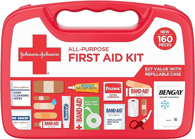 Johnson & Johnso 160-Pieces All-Purpose Portable Compact First Aid Kit for Minor Cuts, Scrapes, Sprains & Burns, Ideal for Home, Car, Travel, Camping and Outdoor Emergencies