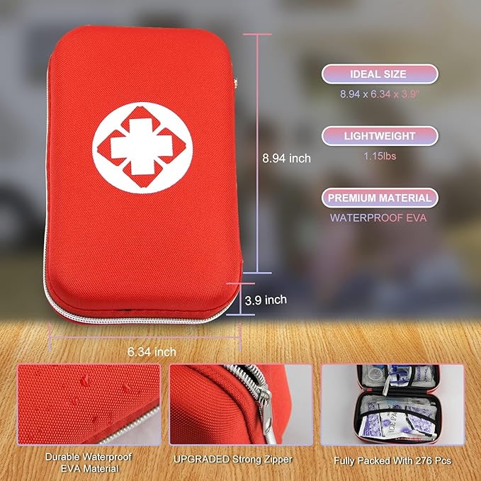 Compact 276 Pieces First Aid Kit Emergency Supplies for Home, Car, Camping Hiking, School, Outdoor