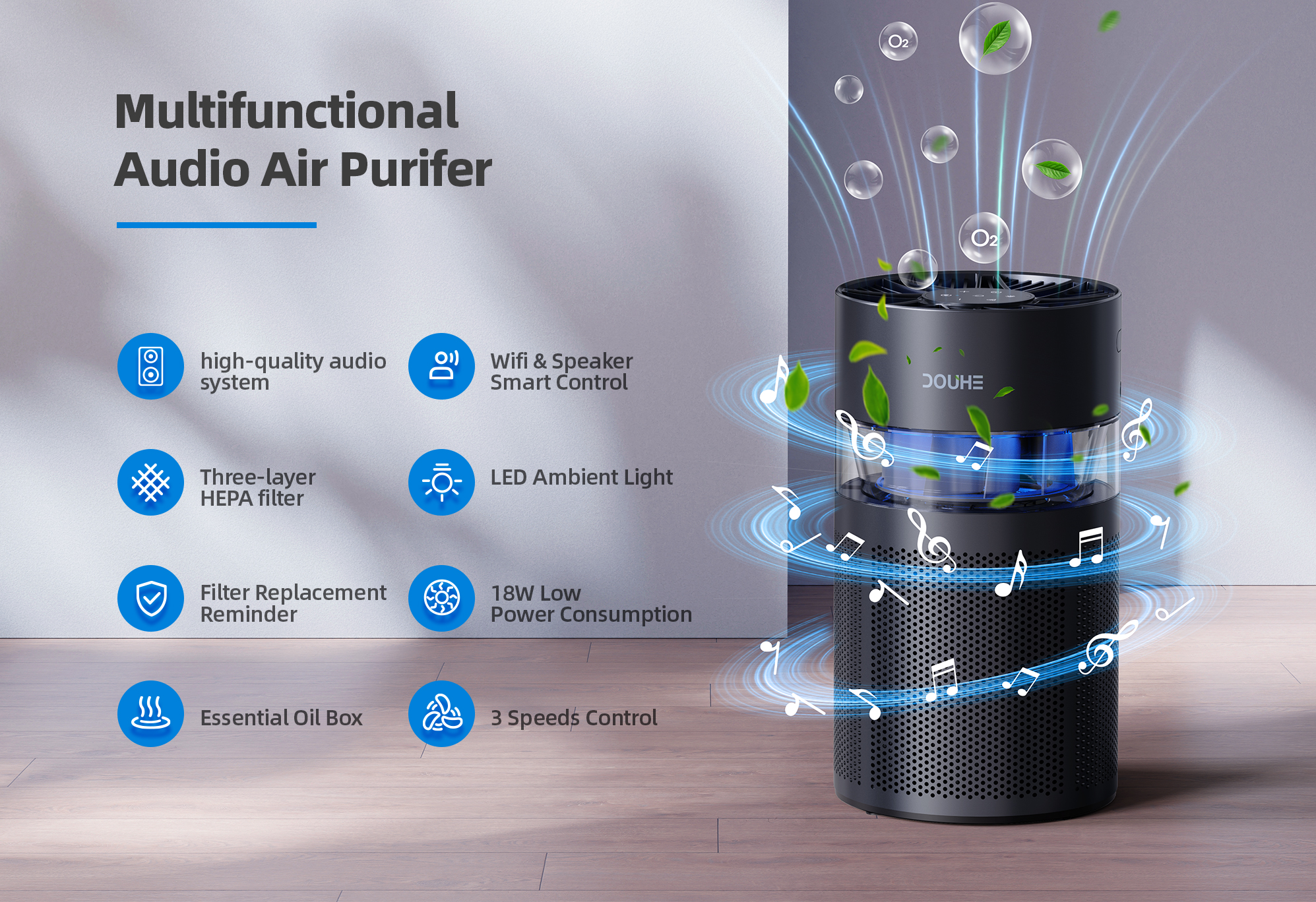 SUPA 4-in-1 Air Purifier with HEPA HE13 Filter, Bluetooth Speaker, Ambient Lighting, Diffuser