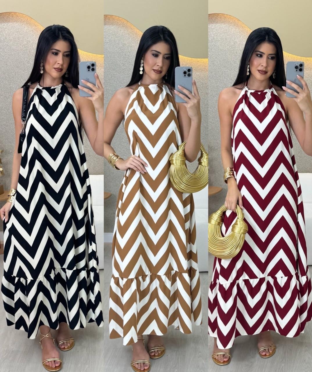 Vestido Longo com Estampa Chevron