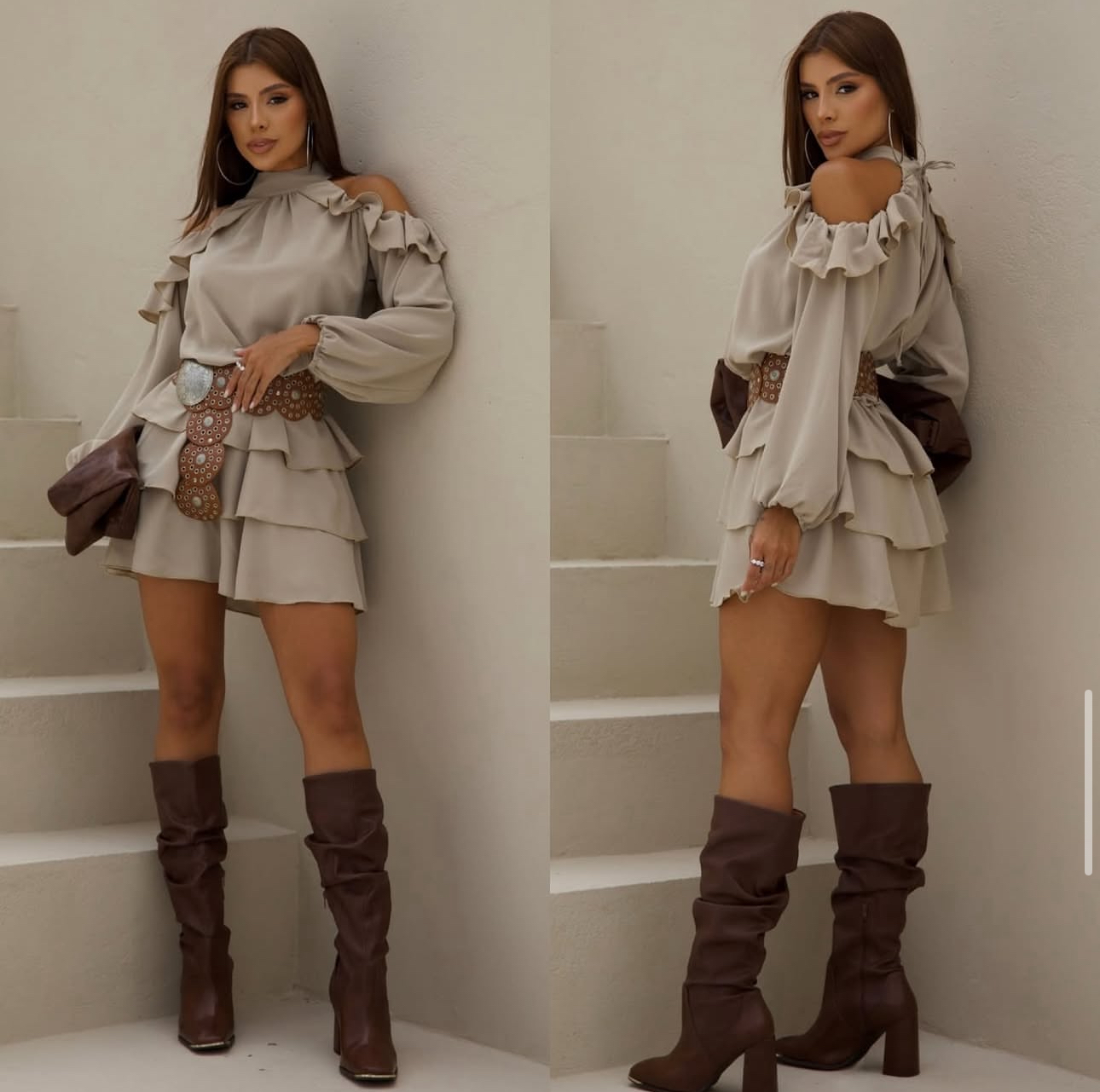 Vestido Bege com Babados