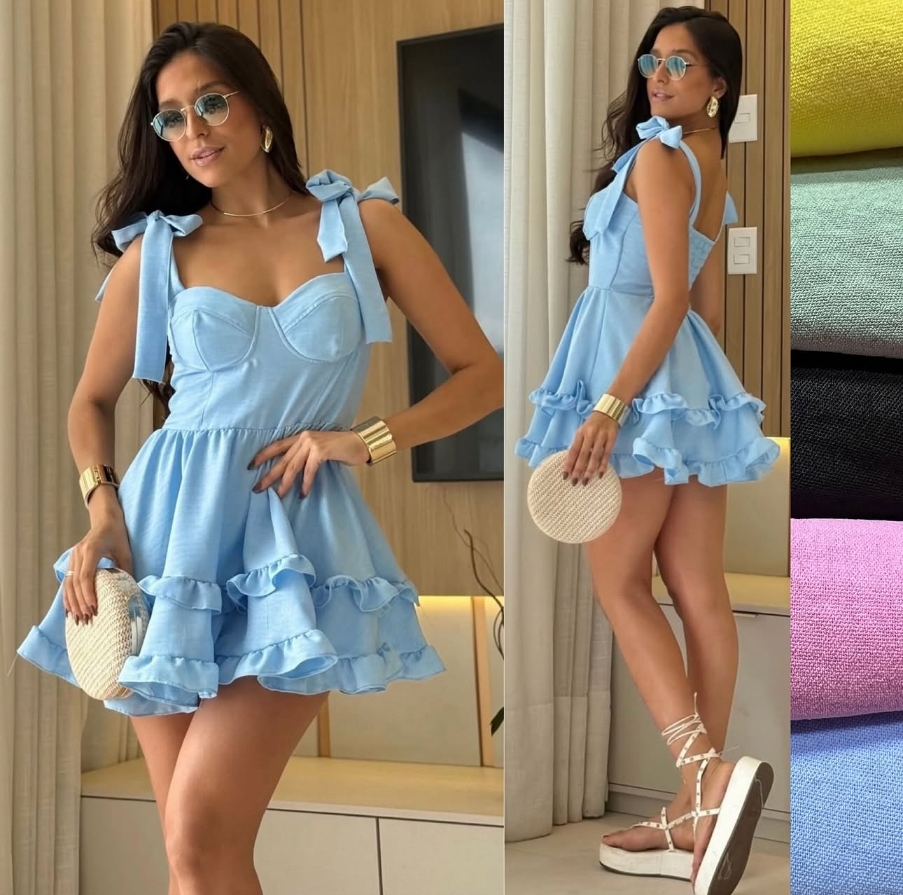 Vestido curto azul com laços
