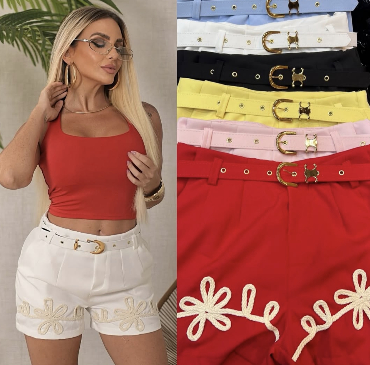 Shorts femininos bordados com cinto