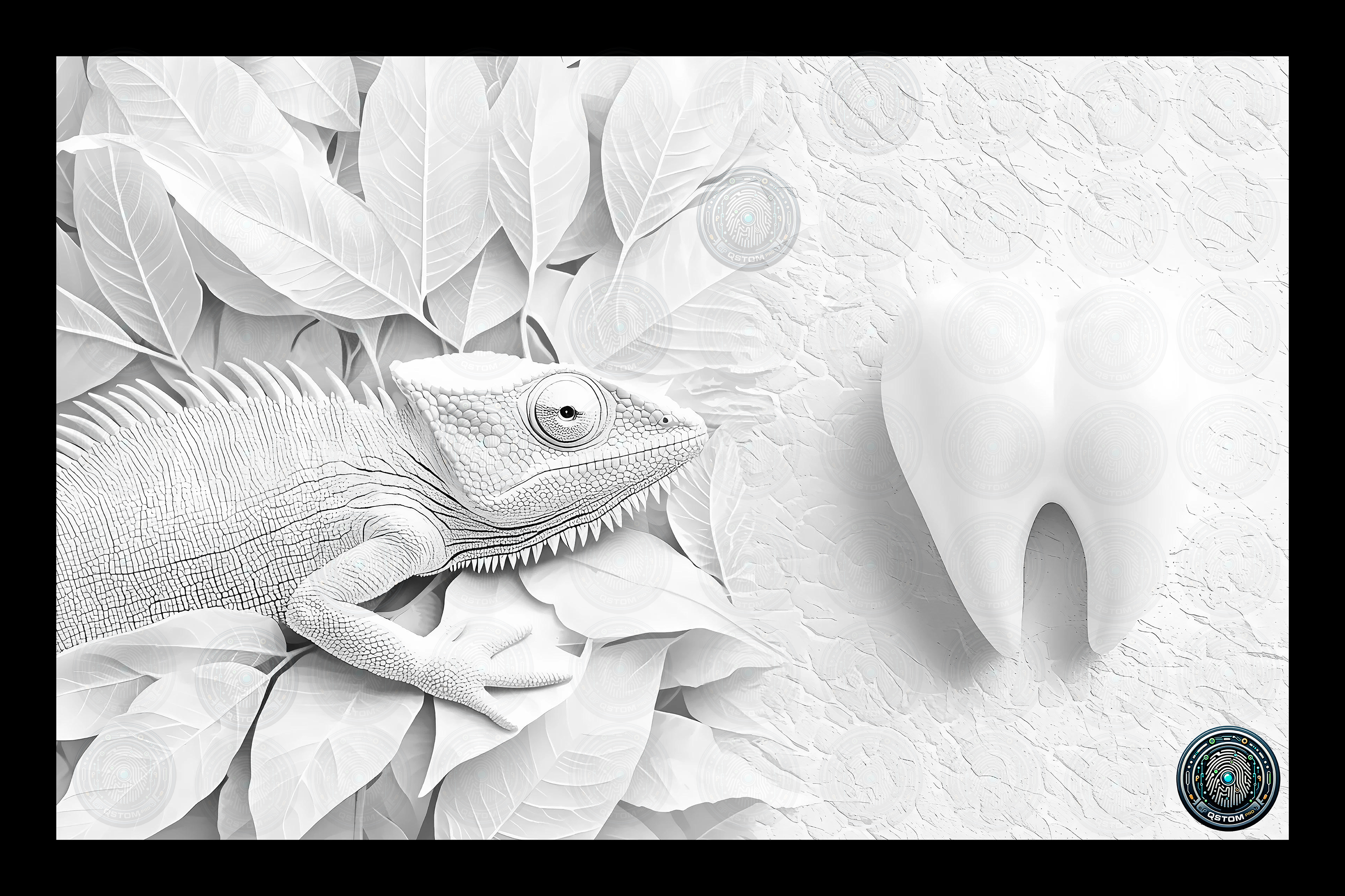 Caméléon et Dent en Blanc sur Blanc